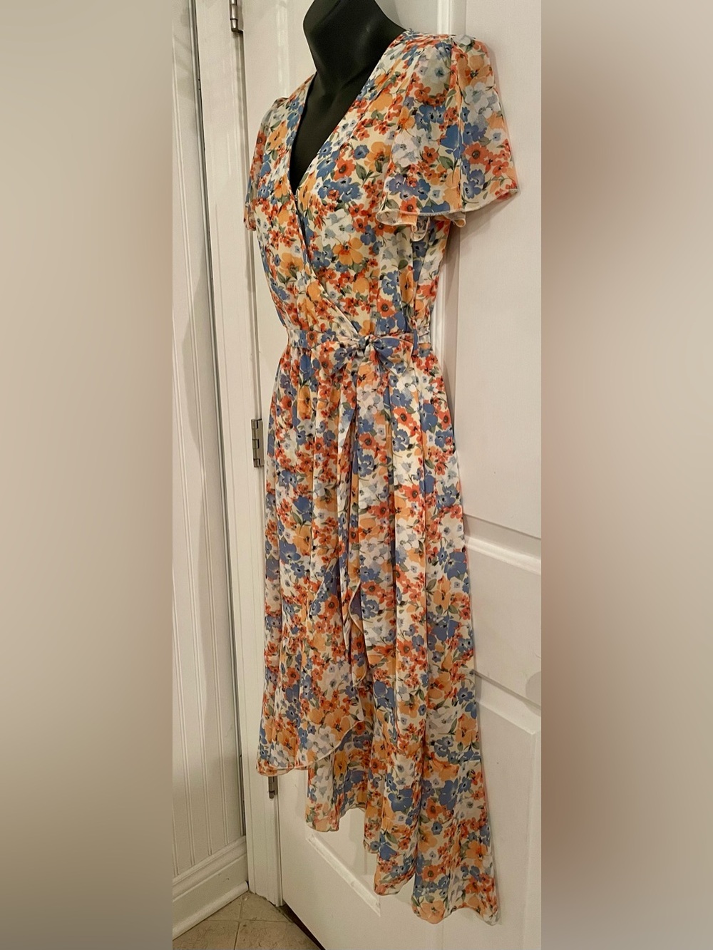 Fall Floral Wrap Style Midi Dress with Tie Waist - Blue, Orange & Cream - Picture 2 of 7